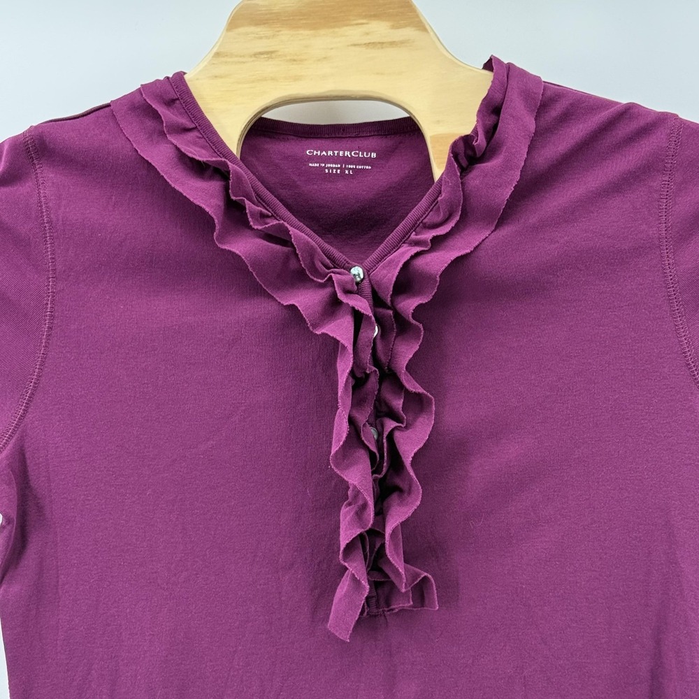 Charter Club Shirt Womens XL Purple Ruffle Neck 3/4 Sleeve 100% Cotton Blouse